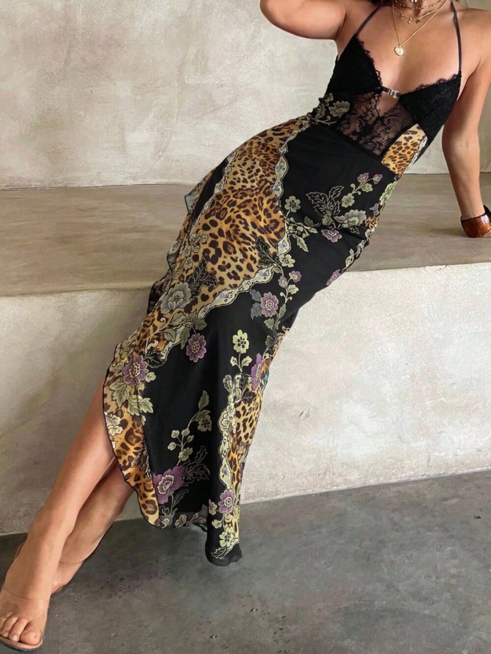 Multicolor Sexy Women's Patchwork Ruffle Hem Slit Dress - Picture 7 of 7